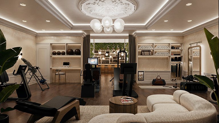 Luxury wellness lounge with soft lighting, fitness & biohacking equipment, shelving, and bar area beyond.